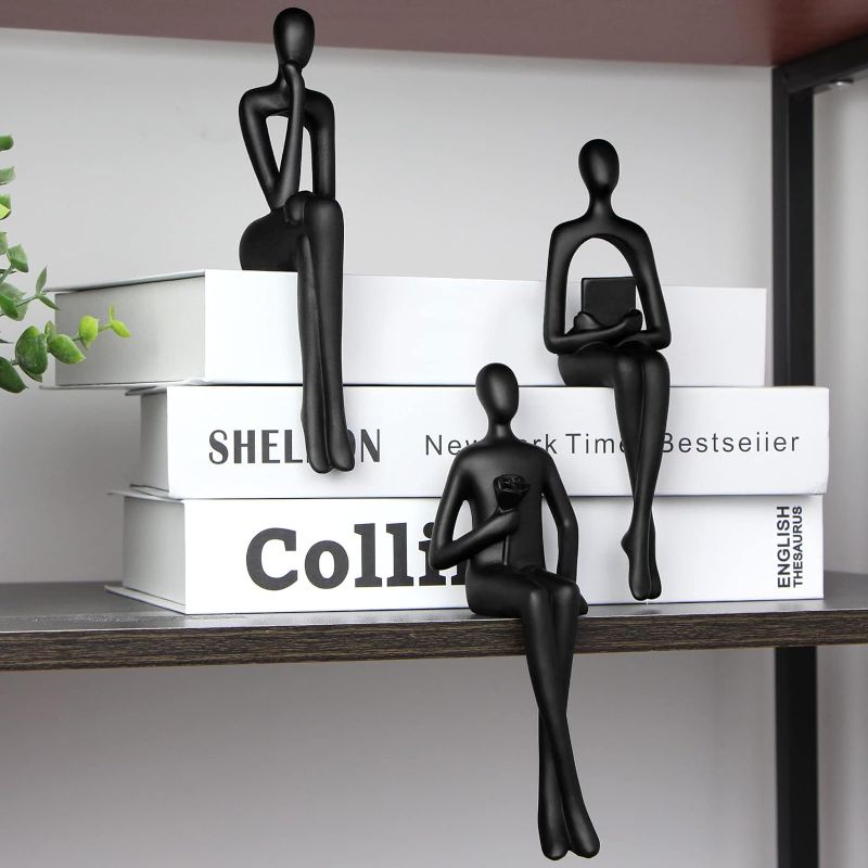 Photo 1 of 3Pcs Modern Bookshelf Decor Sitting Thinker Statue Abstract Sculpture, Shelf Decor Accents Resin Figurines for Home Office Living Room Table Desktop Decor(Black)
