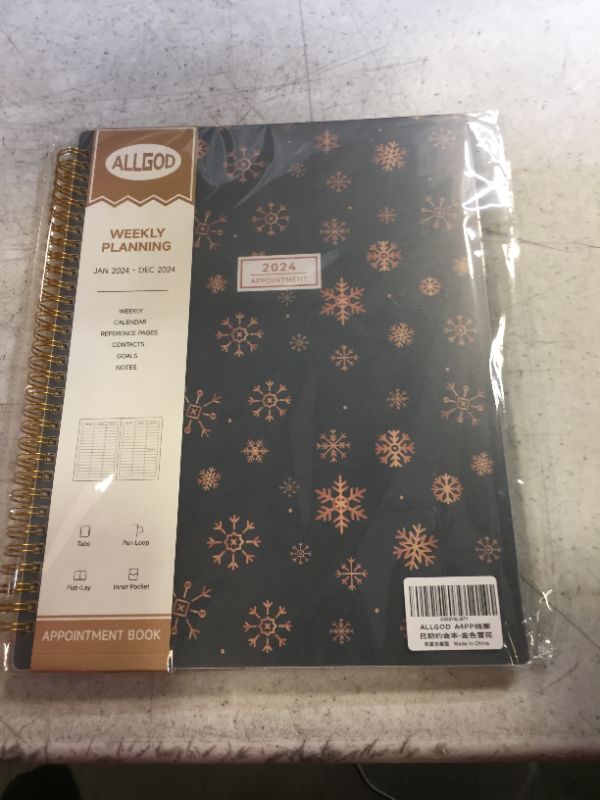 Photo 2 of ALLGOD Appointment Book 2024 Weekly & Monthly Planner 8.5"x11", Large Schedule Planner 2024 Daily Hourly Planner Appointment with Spiral Bound, 15 Minute Increments, Tabs, Pocket, Snowflake Gold Golden Snowflake