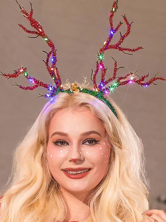 Photo 1 of DRESBE Light Up Christmas Reindeer Antlers Headband LED Xmas Antlers Headbands Deer Antlers Hair Accessories for Women
