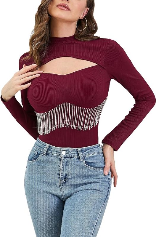 Photo 1 of KOJOOIN Women's Rhinestone Fringe Cutout Tops Mock Neck Long Sleeve Ribbed Sexy Tops Sparkly Fitted Pullover Concert Outfits- SIZE S 
