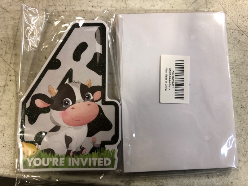 Photo 2 of 20 Cow 4th Birthday Party Invitations with Envelopes Double Sided Farm Cow Shaped Fill-in Invitations Invites for 4 Year Old