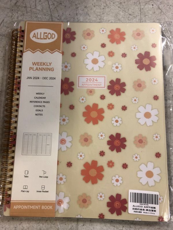 Photo 2 of ALLGOD Appointment Book 2024 Weekly & Monthly Planner 8.5"x11", Large Schedule Planner 2024 Daily Hourly Planner Appointment with Spiral Bound, 15 Minute Increments, Tabs, Pocket, Yellow Daisy