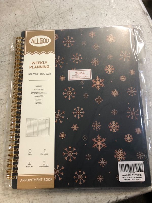Photo 2 of Appointment Book 2024 Weekly & Monthly Planner 8.5"x11", Large Schedule Planner 2024 Daily Hourly Planner Appointment with Spiral Bound, 15 Minute Increments, Tabs, Pocket, Snowflake Gold Golden Snowflake