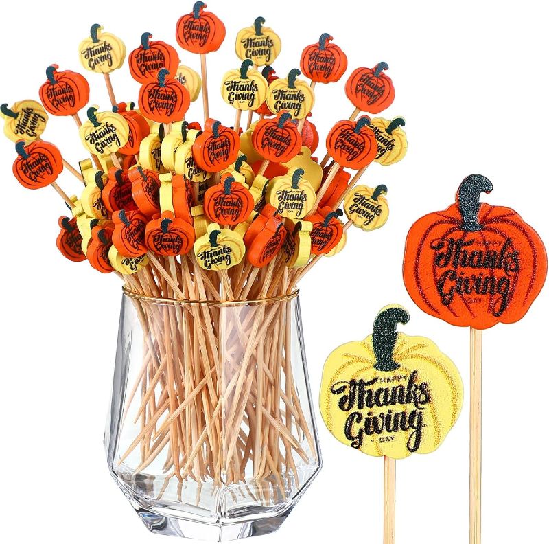 Photo 1 of 400 Pcs Thanksgiving Cocktail Picks Thanksgiving Toothpicks for Appetizer Fall Pumpkin Food Sticks Fruit Bamboo Picks Cupcake Toppers for Turkey Day Fall Dinner Party Supplies, 2 Styles
