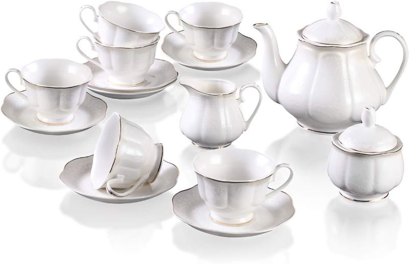 Photo 1 of 15-pcs Lotus Shape Porcelain Tea set with 7oz 6 Tea Cups and 6 Saucers,1 Teapot Sugar Bowl,1 Cream Pitcher,White
