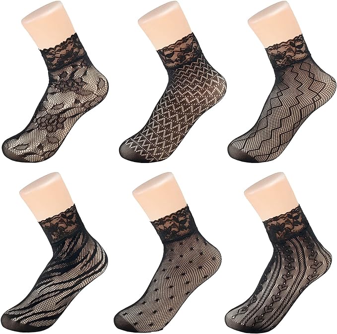 Photo 1 of 6 Pairs Lace Fishnet Ankle Socks Ruffle Hollow Out Ankle Socks for Women Girls Dress
