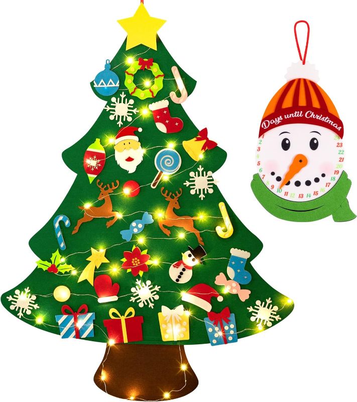 Photo 1 of 3ft DIY Lighted Felt Christmas Tree Set Plus Snowman Advent Calendar - Xmas Decorations Wall Hanging 33 Ornaments Kids Gift with String Light (Batteries Not Included)
