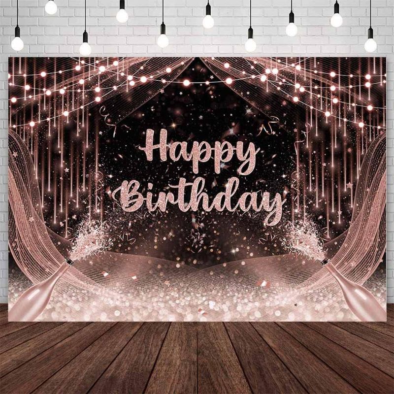 Photo 1 of 7x5ft Rose Gold Birthday Backdrop Happy Birthday Photography Background Rose Gold Glitter Birthday Prom Party Decorations Banner Photo Studio Props
