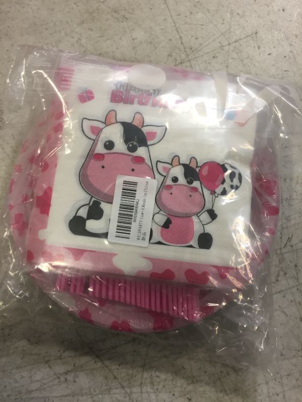 Photo 2 of Cow Party Supplies Set for 24 Guests Including Pink Cow Farm Dinner Plates, Dessert Plates, Napkins, Forks for Cute Pink Farm Cow Themed Happy Birthday Party Decorations for Girls Tableware 96Pcs
