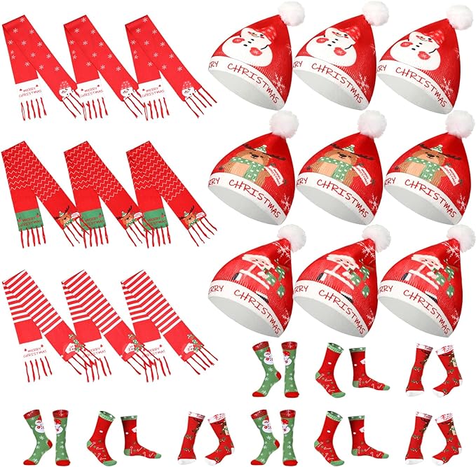 Photo 1 of 27 Pcs Christmas Hat Scarf Socks Set Snowman Santa Reindeer Caps Xmas Crew Socks for Man Woman Christmas Holiday Party Gift

