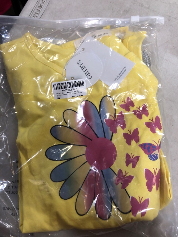 Photo 2 of GBTBYS Girls Graphic Tees Tie Front Shirt Cotton Loose Soft Ruffle Sleeve T-Shirts Round Neck Summer Crop Tops for 5-14 Years 13-14 Years Yellow-butterfly&flower