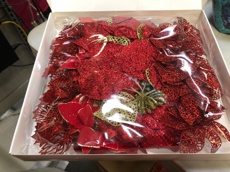 Photo 1 of 24 Pcs 4 Styles Christmas Red Glitter Metallic Mesh Artificial Poinsettia Flower Stems Tree Ornaments in Box for Red Christmas Tree Wreaths Garland Floral Gift Winter Wedding Holiday Decoration
