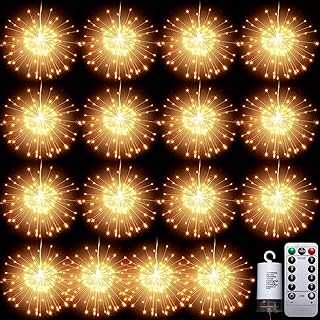 Photo 1 of 16 Pack Firework Lights LED Copper Wire Starburst Light Waterproof Hanging Fairy Lights with Remote 8 Modes Battery Operated Fairy Decorative Lights for Christmas Patio Outdoor, Warm White