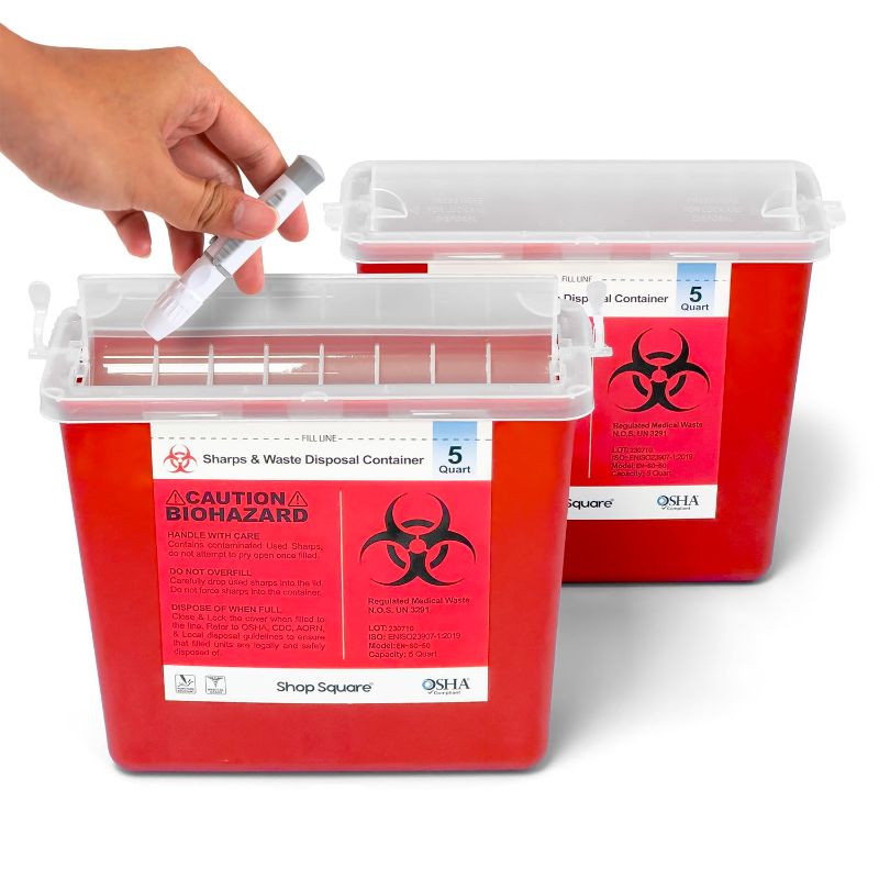 Photo 1 of  Sharps Container, Needle Disposal Containers for Home Use and Professional - 5 Quart (2 Pack) Large Sharps Container, Sharp Containers for Needles with Touch Free Rotating Lid 