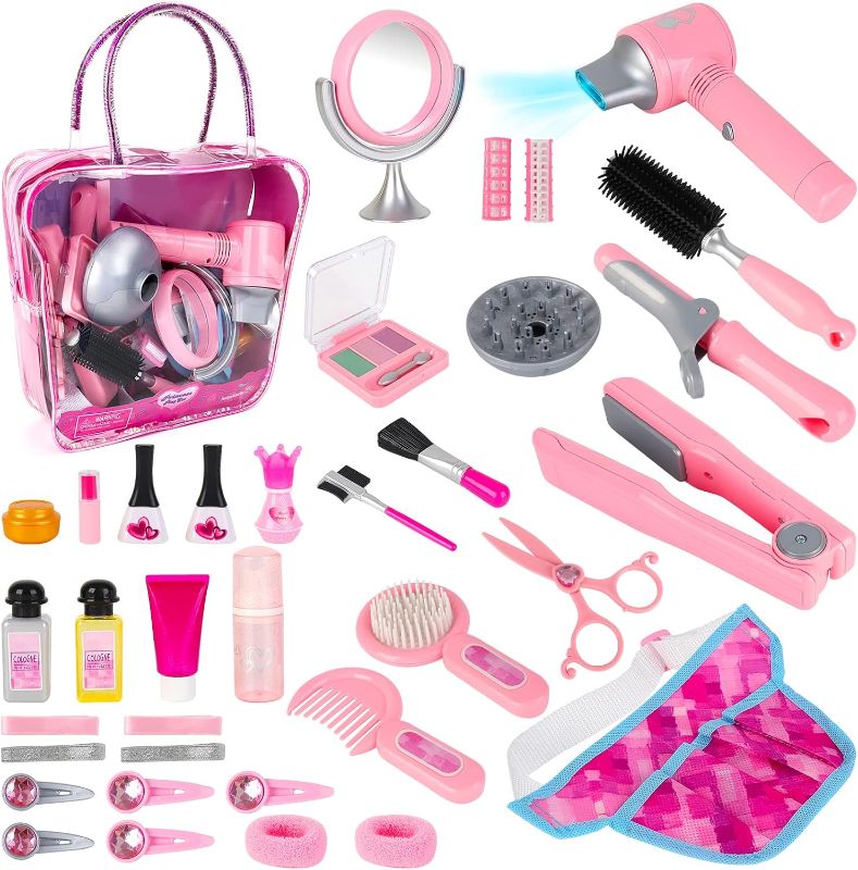 Photo 1 of  deAO Girls Beauty Salon Set 35pcs Kids Pretend Play Makeup Sets with Hairdryer, Mirror, Curling Iron and Other Accessories Kids Toddler Fashion Cutting Makeup Party Favor, Birthday Gift (Fake Makeup) 