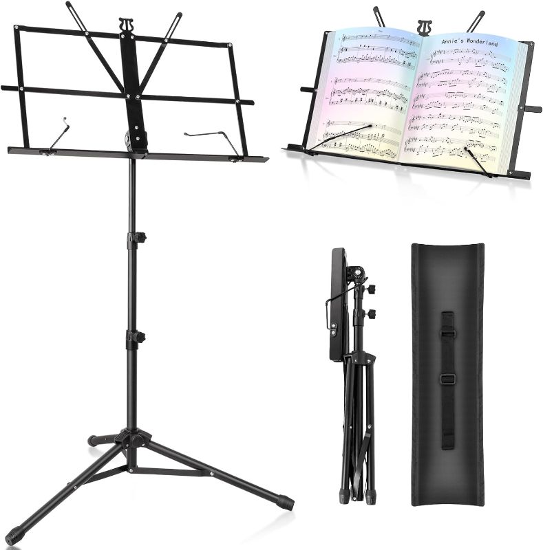 Photo 1 of  New Bee Music Stand for Sheet with Carrying Bag, Metal Sheet Music Stand Portable, Adjustable Podium Stand with Tripod Base and Sheet Music Folder - Black 