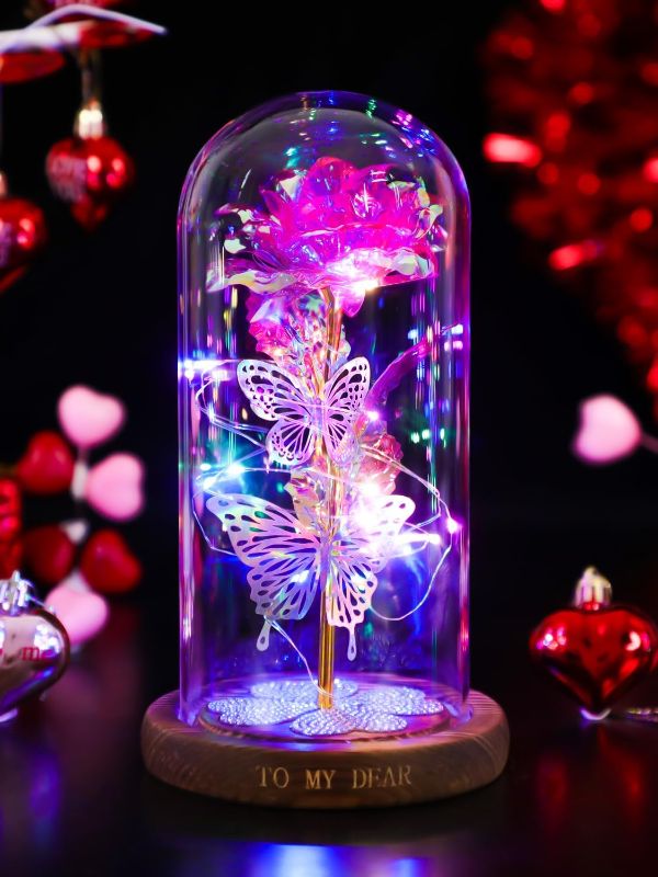 Photo 1 of Galaxy Rose Crystal Flower, Light Up Flowers in Glass Dome Birthday Gift Presents Ideas for Mom Grandma Wife Sister Friends (Pink) 