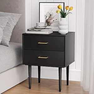 Photo 1 of Black Nightstand with 2 Drawers, 26" Tall Modern Bedside Table, Mid-Century Modern End Table, Wood Night Stand with Solid Wood Leg for Bedroom, Office
