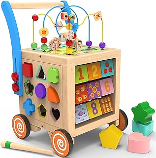 Photo 1 of Wooden Baby Walker | 9-in-1 Wooden Activity Cube, Sit-to-Stand Learning Walker Activity Center, Early Educational Push & Pull Toys for Baby Toddler Boys Girls, Height & Brake Adjustable Deluxe