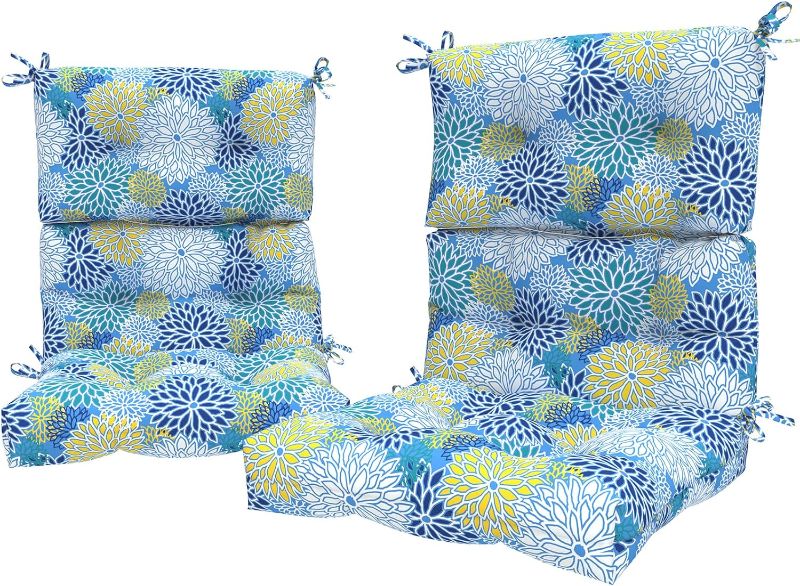Photo 1 of  LVTXIII Outdoor Tufted High Back Cushions, Solid Fluffy Seat and Back Chair Cushion with Ties, Patio Replacement Rocking Chair Cushion for Outdoor Furniture Use (22” W x 20D”, 2 Pack, Dahlia Blue) 