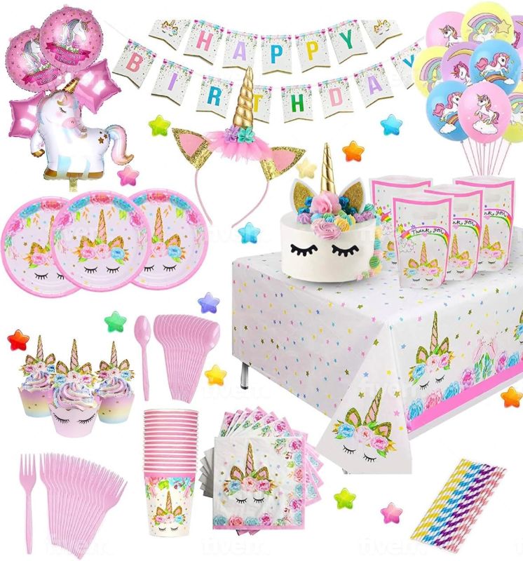 Photo 1 of  Unicorn Party Decorations and Supplies, 179 Pc. Set, Colorful Happy Birthday Theme for Girls with Banner, Balloons, Favor Goody Bags, Napkins, Utensils, Cups, and Cute Tiaras for Kids 