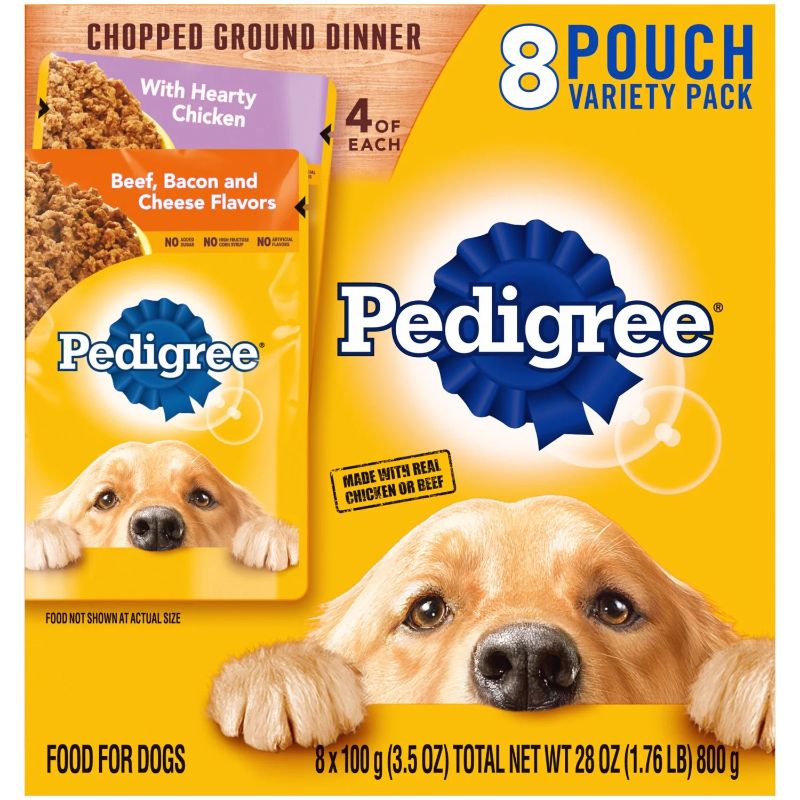 Photo 1 of BOX OF 2, Pedigree Chopped Ground Dinner Wet Dog Food Variety Pack, 3.5 oz Pouches (8 Pack), BEST BY 06 2024