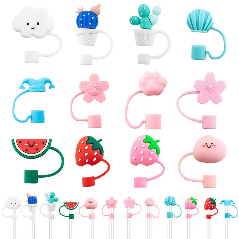 Photo 1 of 12 Pieces Silicone Straw Cover Cute Straw Tips Cover Reusable Silicone Straw Toppers for 6-8 mm Straw Protector, Anti-dust Airtight Seal Splash Proof (Not include Straw) 12Pcs