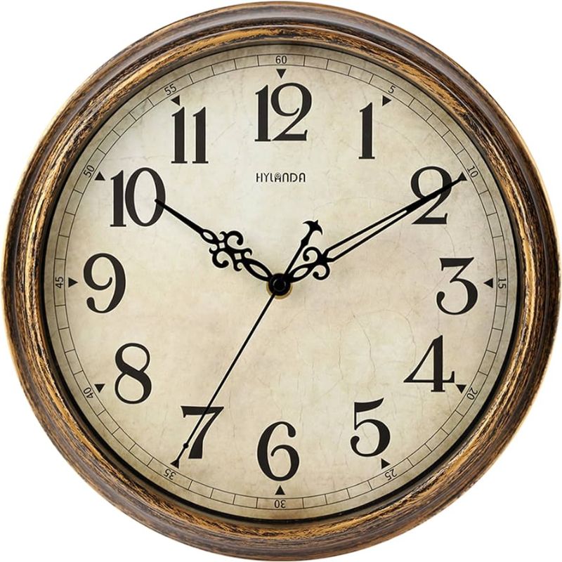 Photo 1 of HYLANDA Wall Clock - 12 Inch Vintage Wall Clocks Battery Operated - Retro Silent Non Ticking - Decorative Living Room Home Kitchen School Office Gold 12Inch