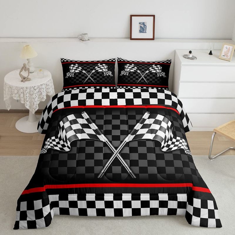 Photo 1 of Racing Car Kids Sheet Queen Size,Boys Girls Adults Bedroom/Gamer Decor,Flags Checkered Grids Geometric Bedding Set,Modern Sports Stylish Black White Bed Sheet Set 4pcs(Fitted + Flat + 2 Pillowcases)