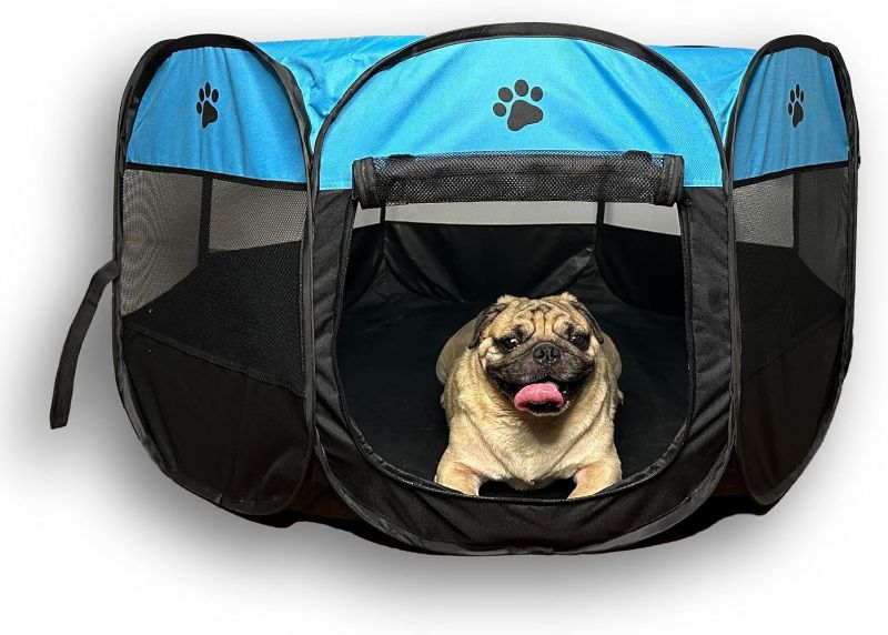 Photo 1 of Foldable Pet Playpen, Safe Indoor & Outdoor Fun for Dogs & Cats, Portable Pet Tent with Removable Top Shade Cover, Durable, Lightweight, Multiple Access Points - Light Blue, Black, Medium Size 