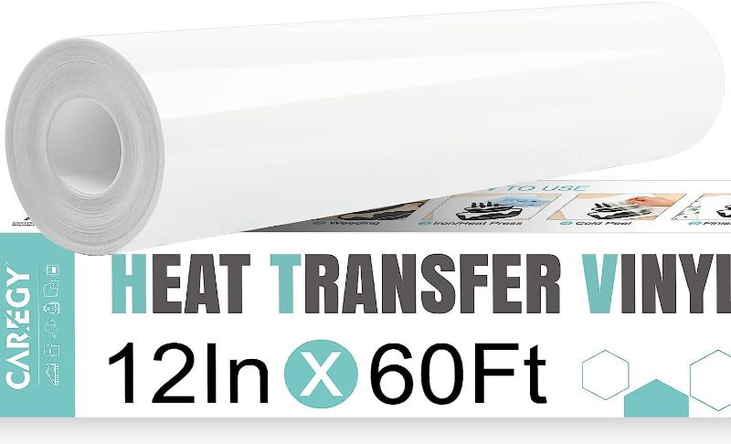 Photo 1 of  CAREGY Heat Transfer Vinyl White Iron on Vinyl-12"x 60Ft HTV Vinyl Roll Easy to Cut & Weed for Heat Vinyl Design 