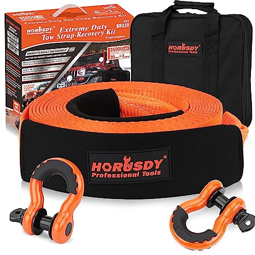 Photo 1 of HORUSDY Nylon Heavy Duty Tow Strap Recovery Strap with Hooks 3" x 30Ft - 35, 000 LBS Break Strength, 3/ 4 D Ring Shackles (2pcs), Recover Your Vehicle Stuck in Mud/ Snow.
