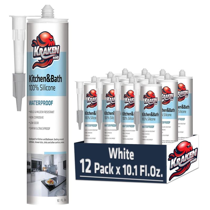 Photo 1 of Kraken Bond 100% White Silicone Caulk - (12x10.1 fl.oz) Waterproof Silicone Sealant for Kitchen, Bathroom, Bathtub, Shower, Sink - Anti Shrink Caulking, 12 Pack 