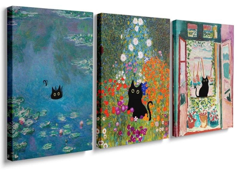Photo 1 of ACTUAL ARTWORK DIFFERS FROM STOCK IMAGE, Odeyina Framed Canvas Print Wall Art Set of 3,Garden Flower Funny Black Cat Monet Cute Colorful Aesthetic Modern Minimalism Art Decorative for Living Room,Bedroom,Bathroom,Office-12 x16 Black Cat 2