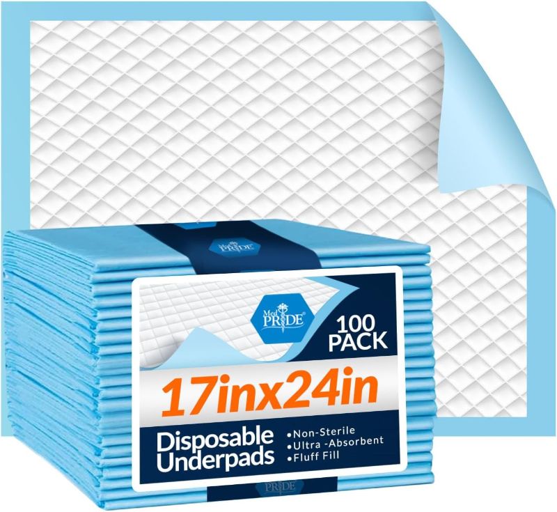 Photo 1 of  Medpride Disposable Underpads 17'' x 24'' (100-Count) Incontinence Pads, Bed Covers, Puppy Training | Thick, Super Absorbent Protection for Kids, Adults, Elderly | Liquid, Urine, Accidents 