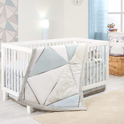 Photo 1 of  Crib Bedding Set for Boys | 4-Piece Baby Crib Set | Geometric Patterns Shiny Silver Baby Blue & Marble Prints | Precious Collection by Oberlux 