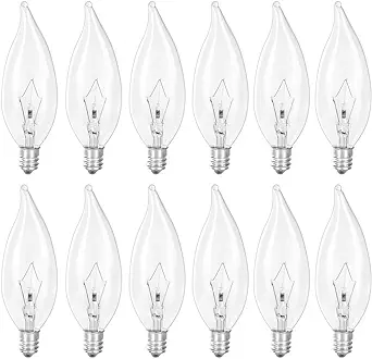 Photo 1 of haraqi 12 Pack 40W 120V E12 Base B10 CTC Candelabra Flame Tip Clear CA10 Incandescent Dimmable Light Bulbs, Transparent Candle Light Bulbs for Chandeliers, Ceiling Fan Lights, Pendants and Fireplace