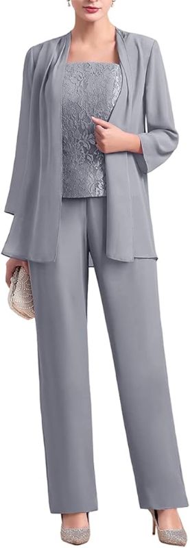 Photo 1 of Zongqiven Women's Chiffon and Lace 3 Pieces Mother Suit Pants Wedding Guest Party Evening Outfit 3X-Large Grey