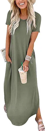 Photo 1 of ANRABESS Women Summer Casual Loose Oversized Sundress Short Sleeve T-Shirt Beach Maxi Long Dresses 2024 Trendy Outfits Olive Medium