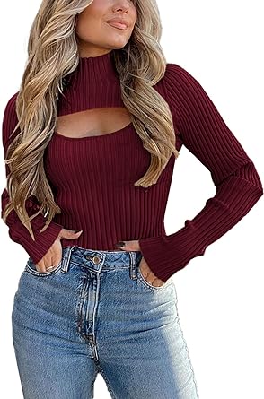 Photo 1 of T1FE 1SFE Women Fall Sweater Knit Mock Neck Cutout 2 Piece Long Sleeve Tops for Women Pullover Sweater Fashion Trendy Outfit Large Black