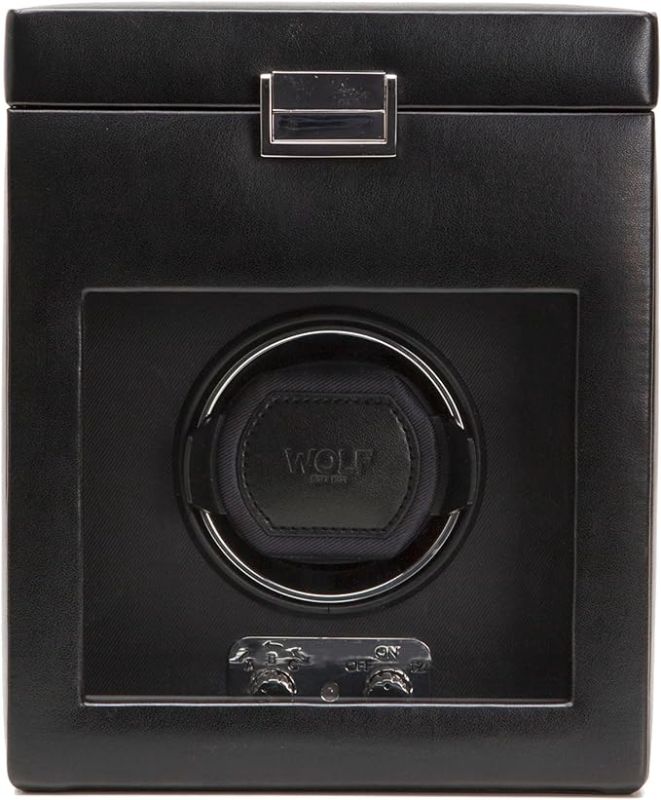 Photo 1 of WOLF Heritage Single Winder with Storage, Black - Secure Fit with Patented Lock-in Dynamic Cuff - for Bigger, Heavier Watches - Vegan Leather & Glass Cover - Includes Universal Adapter
