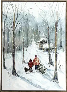 Photo 1 of ArtbyHannah 20x28 Inch Framed Christmas Paintings Winter Wall Art Decor, Hand-Painted Forest on Canvas for Living Room Bedroom Decoration as Holiday Christmas Gifts On The Way Home 20x28 IN