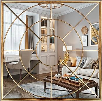 Photo 1 of Varsoul Gold Metal Frame Wall Mirror 32 * 32in Mirror Mid-Century Modern Contemporary Glass Geometric Personality Hanging Mirrors for Living Room, Bedroom, Entryway