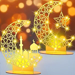 Photo 1 of Tujoe 2 Pcs Ramadan Decorations Eid Mubarak LED Night Light Tabletop Decoration Light up Moon Star Castle Table Decor Ramadan Acrylic Lantern for Home Islamic Muslim Party Supplies(Stylish) 