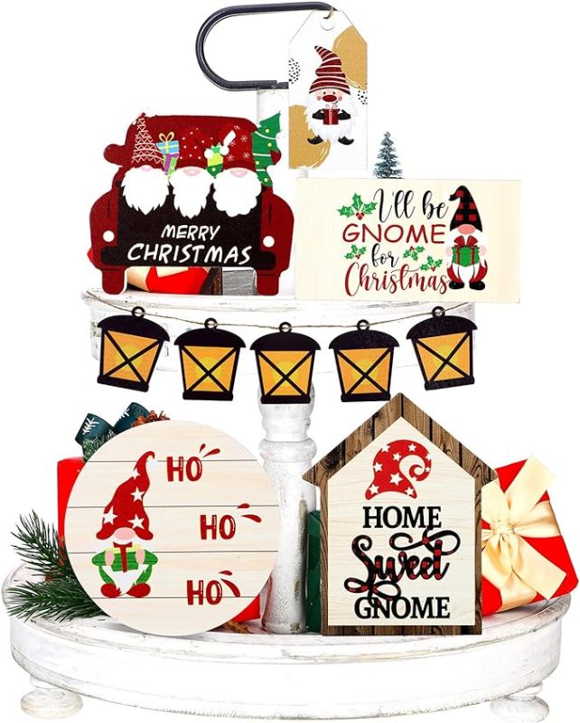 Photo 1 of 10 Pieces Christmas Tiered Tray Decor Winter Wooden Tabletop Signs Xmas Gnome Theme Decor Xmas Lantern Home Sweet Gnome Ho Ho Ho Wooden Blocks for Christmas Home Kitchen Party Decor (Gnome) 