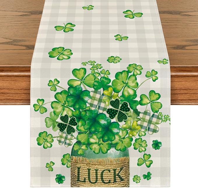 Photo 1 of Artoid Mode Green White Buffalo Plaid Luck Shamrock St. Patrick's Day Table Runner, Kitchen Dining Table Decoration for Home Party Decor 13x72 Inch