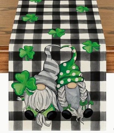 Photo 1 of Artoid Mode Lucky Shamrock Gnome St. Patrick's Day Table Runner, Seasonal Spring Buffalo Plaid Holiday Kitchen Dining Table Decoration for Home Party Decor 13x90 Inch