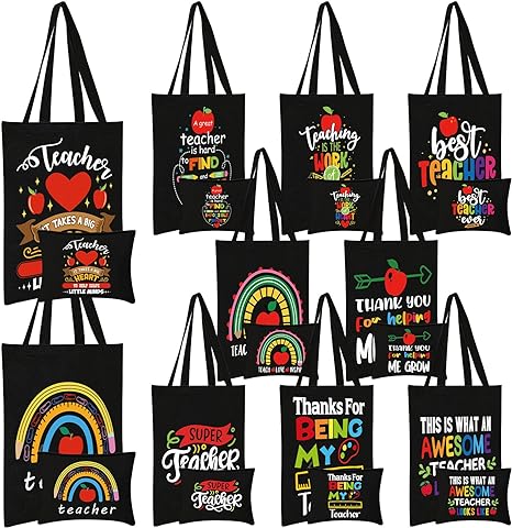 Photo 1 of WHITE NOT BLACK 20 Pcs Teacher Appreciation Gifts Bags 10 Teacher Canvas Tote Bags 10 Makeup Pouch Cosmetic Bags Bulk Teacher Gifts for Teachers Day Graduation Retirement Christmas Thanksgiving Day 
