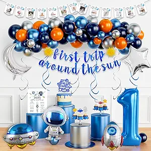 Photo 1 of First Trip Around the Sun Birthday Decorations, Hombae Launch Space Sunshine 1st Birthday Decorations Supplies Kit, Photo Gold Glitter Banner Cake Cupcake Topper Balloon Garland Arch Kit