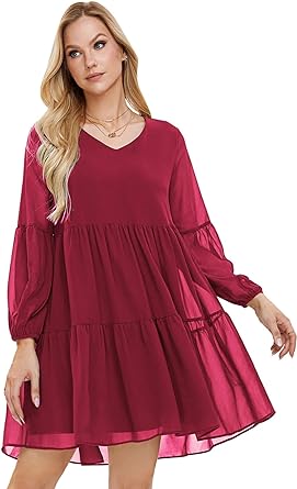 Photo 1 of EXLURA Womens 2024 V Neck Spring Summer Long Sleeve Tunic Dresses Casual Loose A Line Swing Flowy Shift Short Mini Dress SIZE S